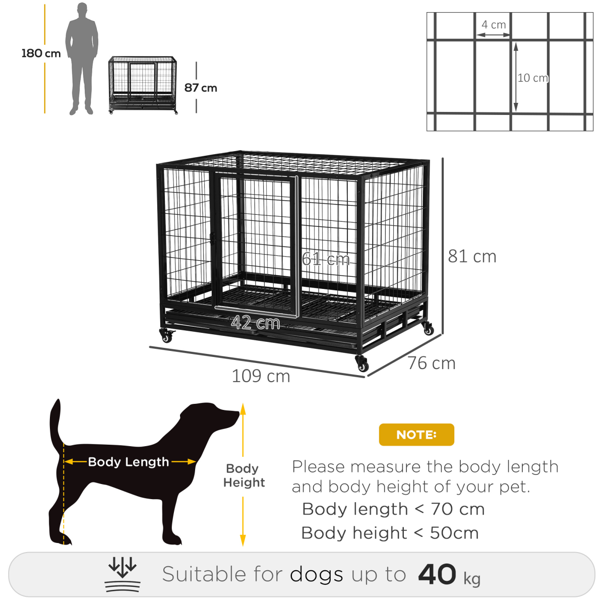 Metal Kennel Cage with Wheels & Tray - Large Black, 109x76x87 cm