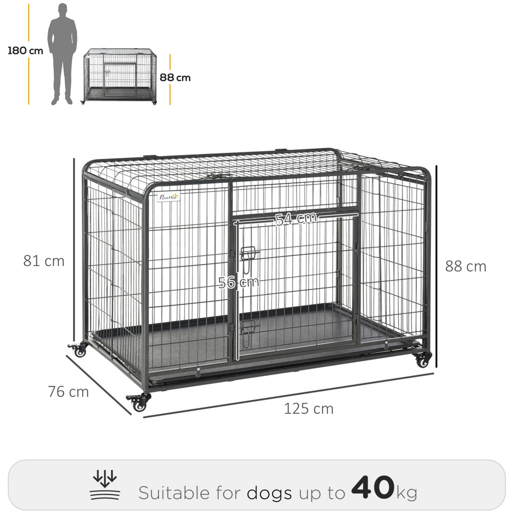 81x125cm Pawhut Metal Dog Cage with Locking Door and Wheels Extra Large