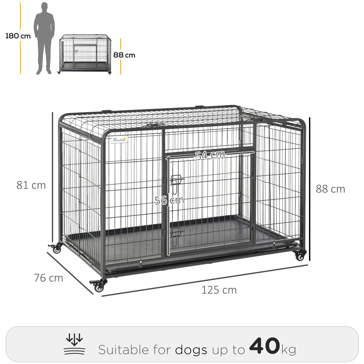 81x125cm Pawhut Metal Dog Cage with Locking Door and Wheels Extra Large