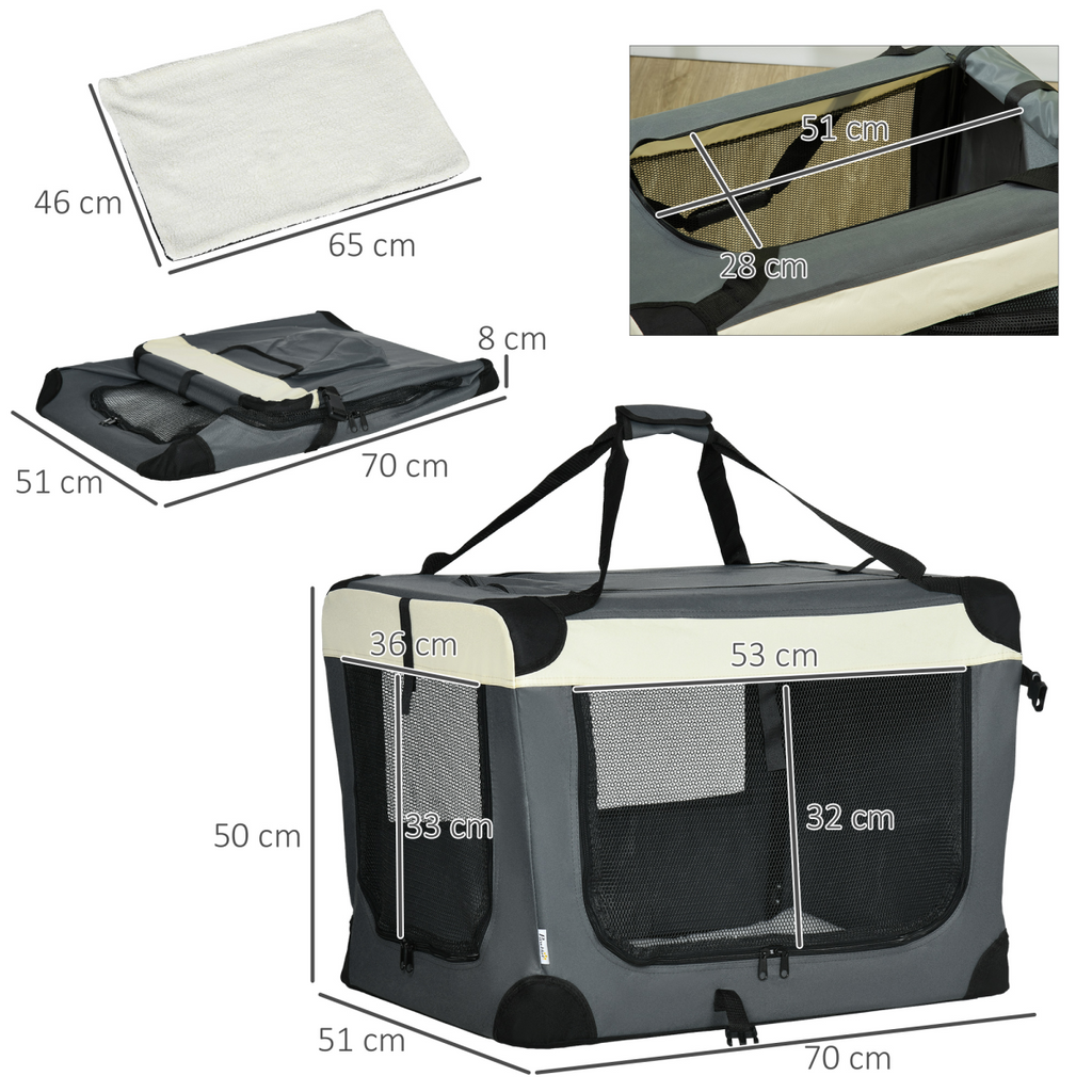 70cm Foldable Pet Carrier with Cushion - Cozy Grey for Small Dogs & Cats