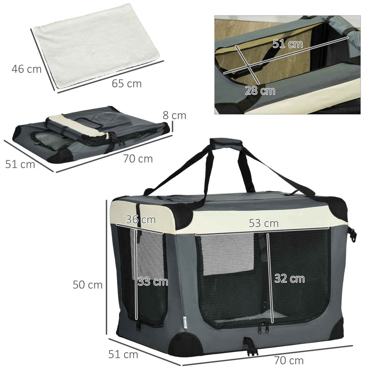 70cm Foldable Pet Carrier with Cushion - Cozy Grey for Small Dogs & Cats