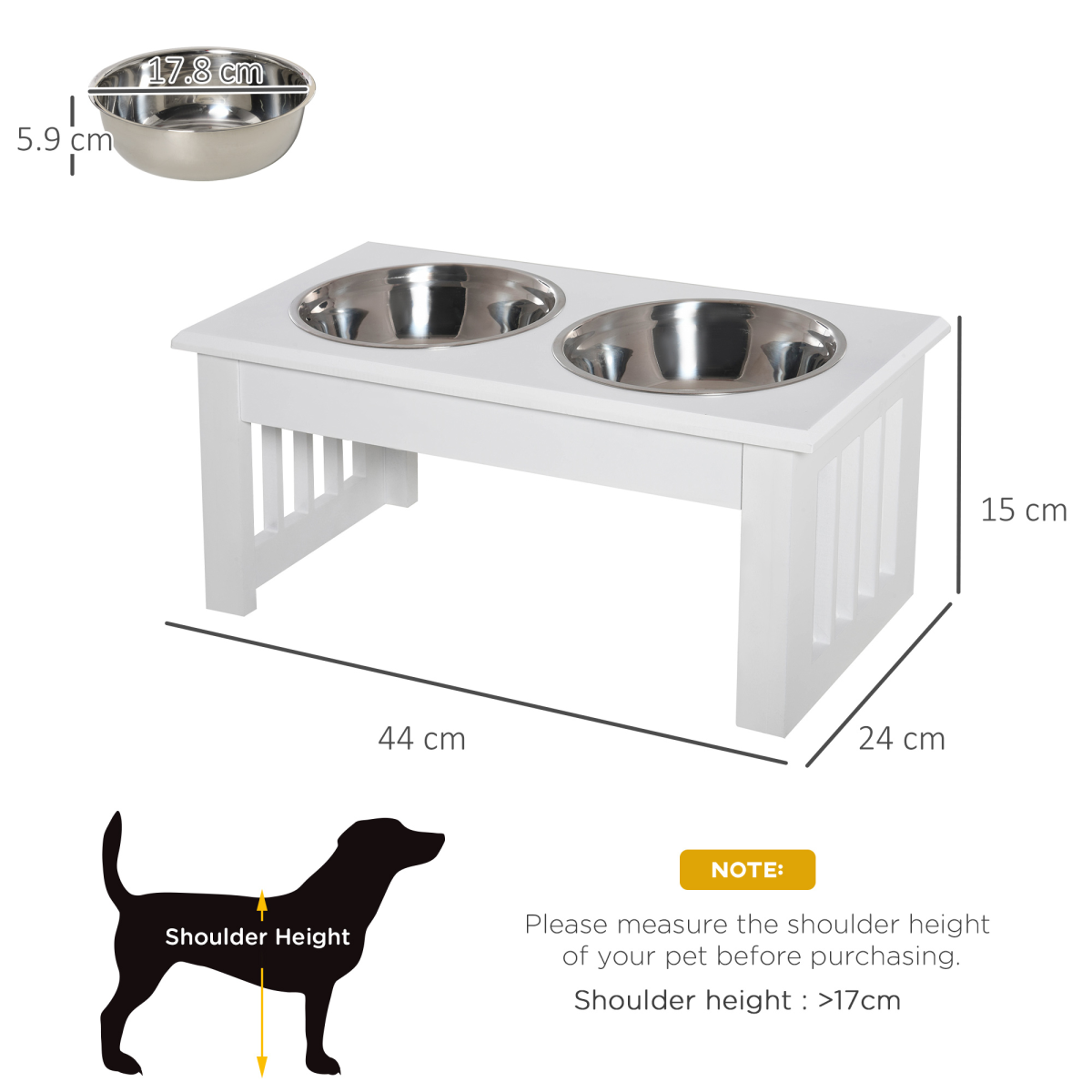 Pet Feeder Raised Stainless Steel Bowls Stand - Food & Water (White, Small)