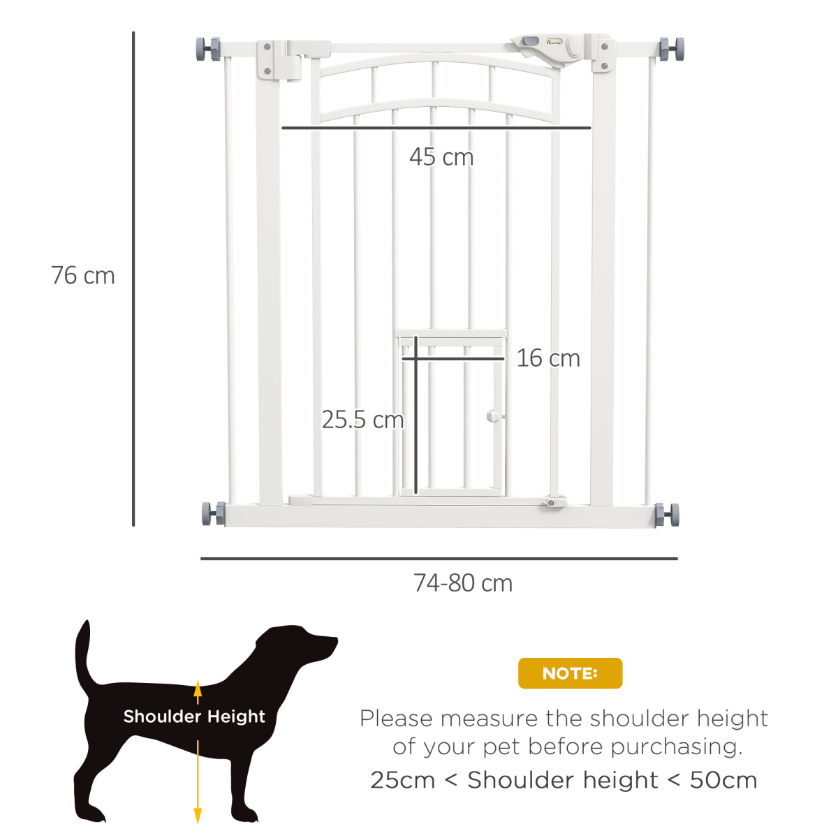 PawHut White Adjustable Pressure-Fit Pet Gate with Cat Door, 74-80cm
