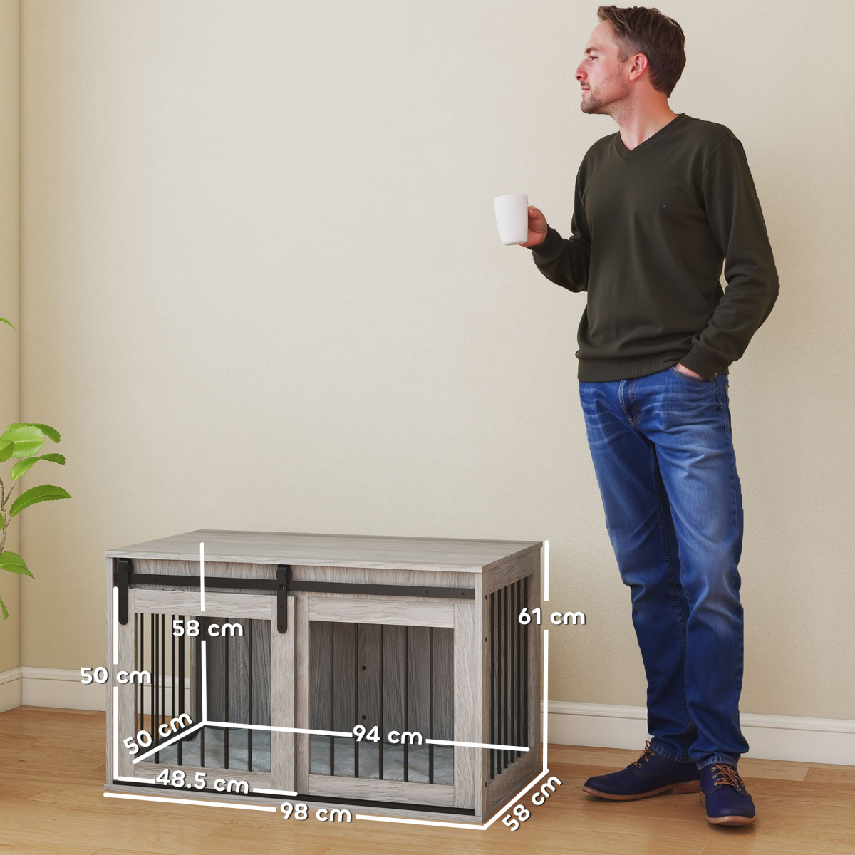 PawHut Large Dog Crate & Side Table with Removable Cushion - Grey