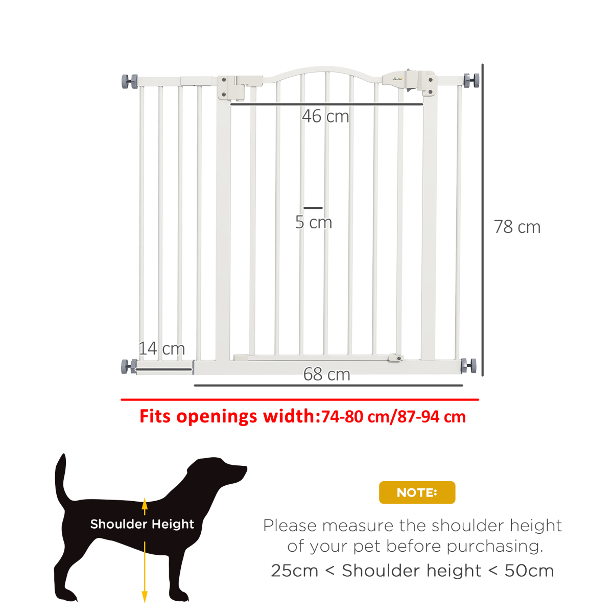 PawHut 74-94cm Auto-Close Metal Pet Gate with Double-Locking - White