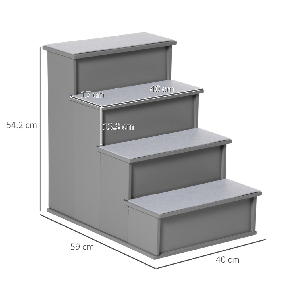 4-Step Wooden Pet Stairs with Cushioned Treads for Bed & Couch, Grey Pawhut