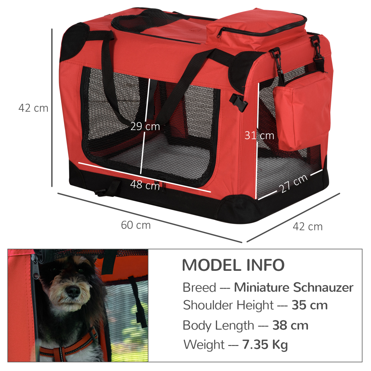 Foldable Pet Carrier Bag - Soft, Portable Cat Travel Cage, 60x42x42 cm, Red