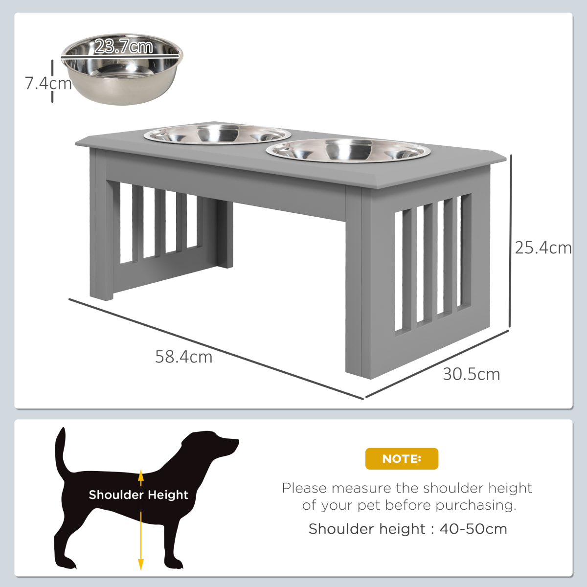 PawHut Elevated Stainless Steel Dog Bowl Feeder - Anti-Slip Grey