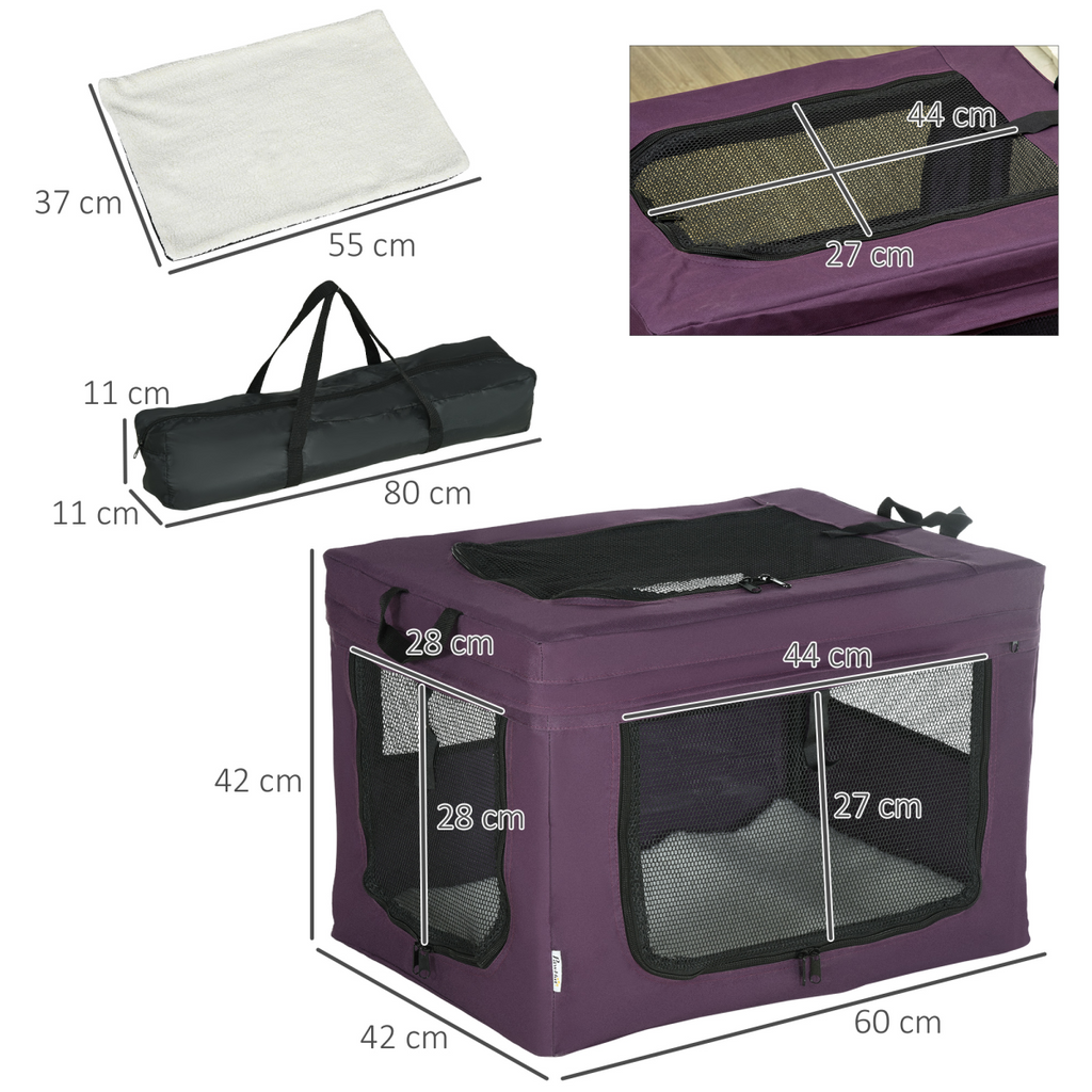 60cm Foldable Pet Carrier with Cushion - Purple Cat/Dog Travel Bag