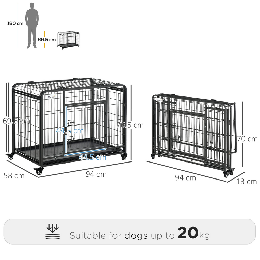 PawHut Metal Dog Cage Kennel 69.5x94cm with Locking Door & Wheels