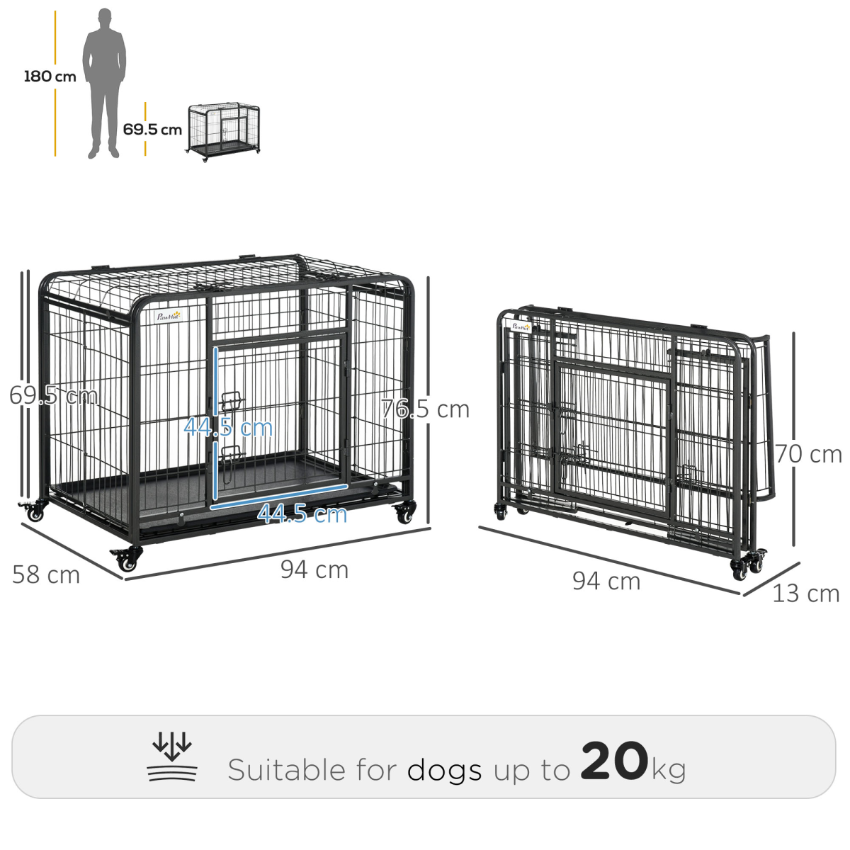 PawHut Metal Dog Cage Kennel 69.5x94cm with Locking Door & Wheels