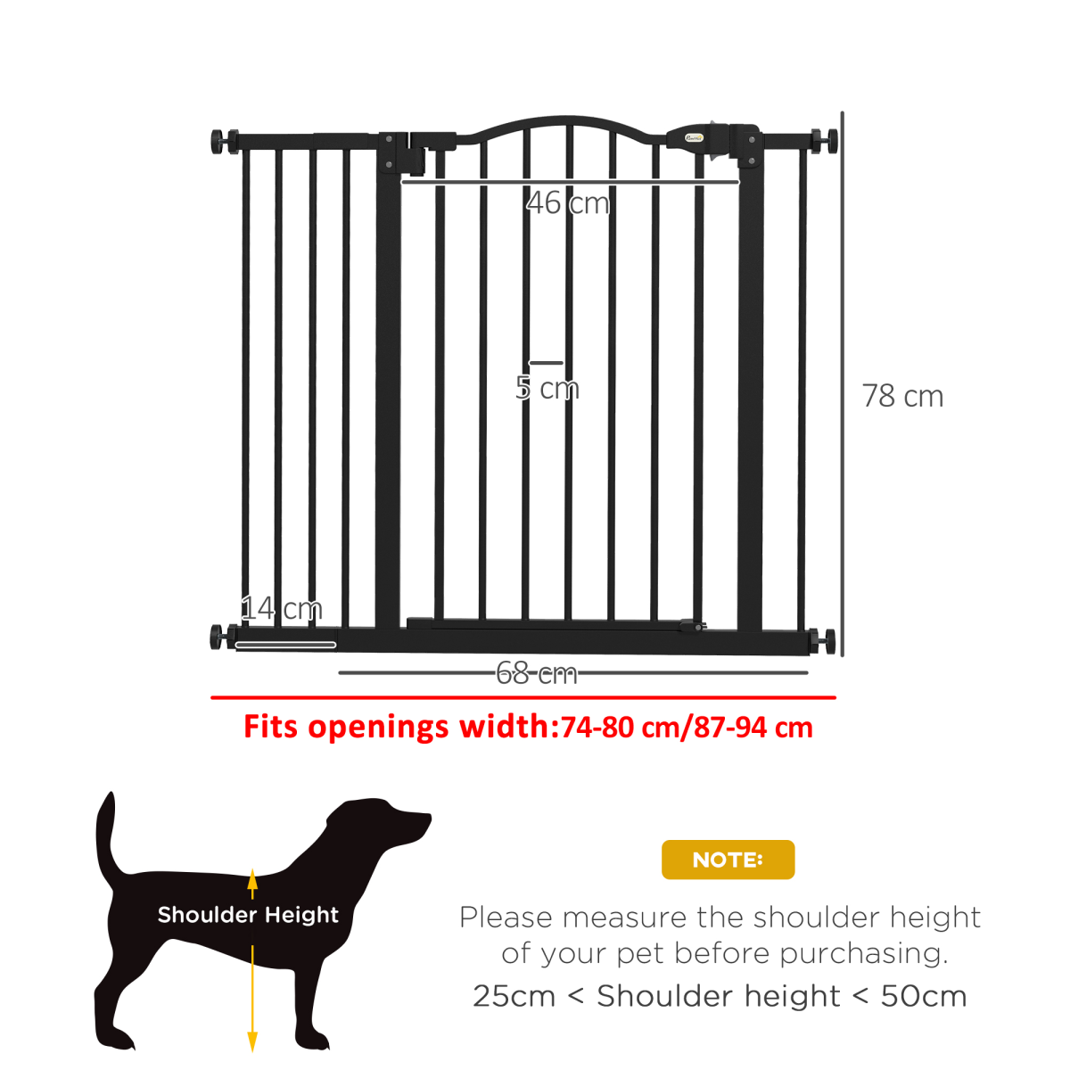 PawHut 74-94cm Adjustable Metal Pet Gate with Auto-Close Black