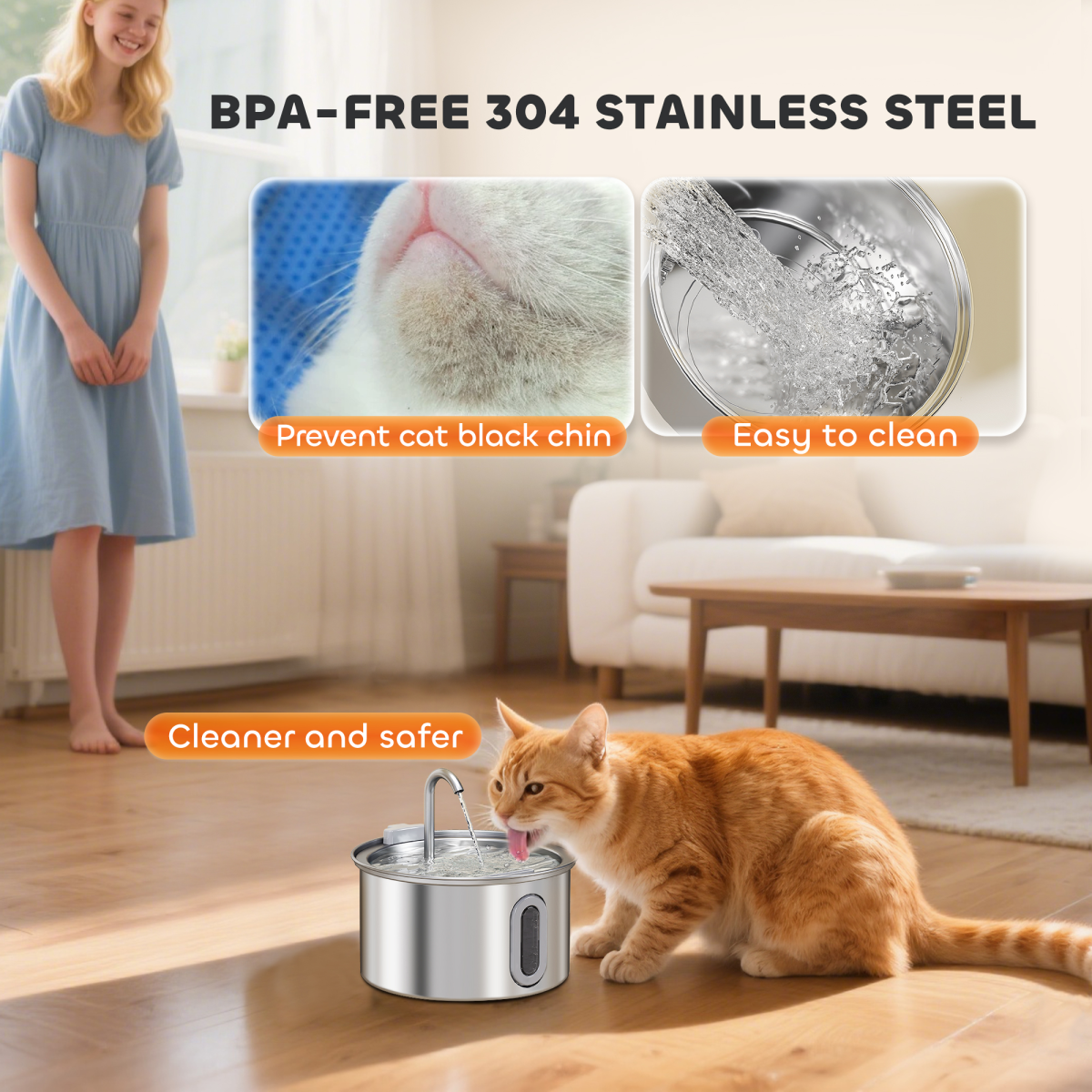 PawHut 2.5L Stainless Steel Cat Water Fountain - Ultra-Silent