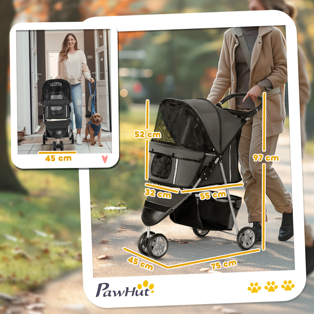 PawHut 3-Wheel Pet Stroller for Cat & Small Dog, Dark Grey