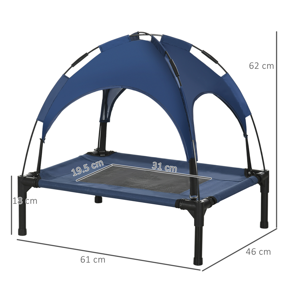 Elevated Outdoor Dog Bed with Canopy - Cooling Raised Cot, UV Shade Blue