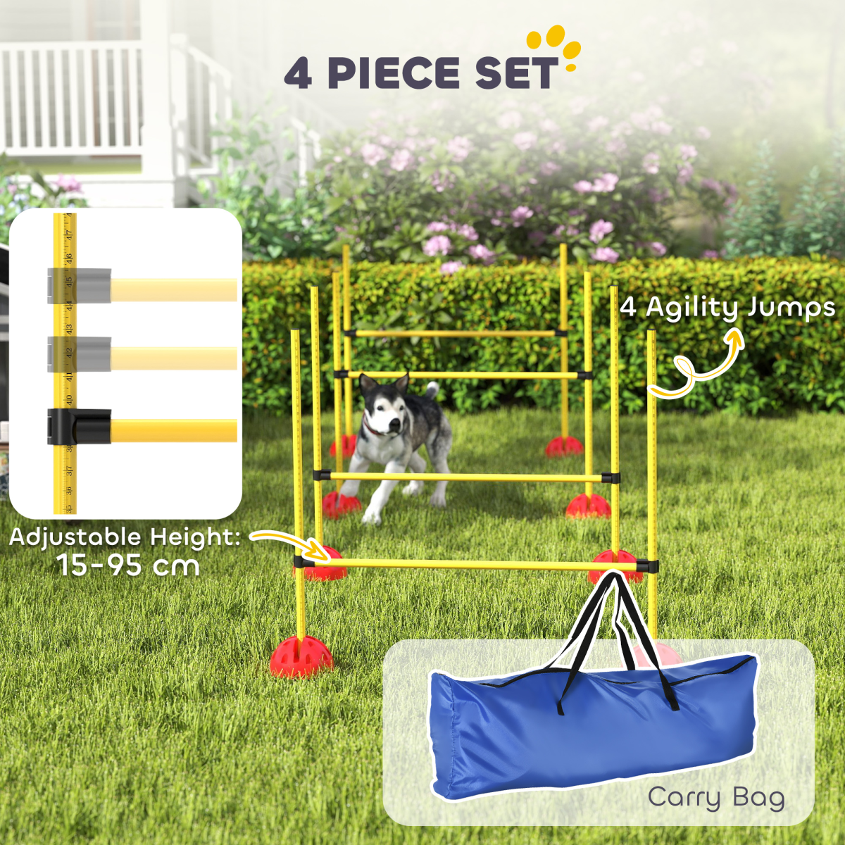 PawHut 4-Piece Dog Agility Jump Set with Adjustable Hurdles and Carry Bag