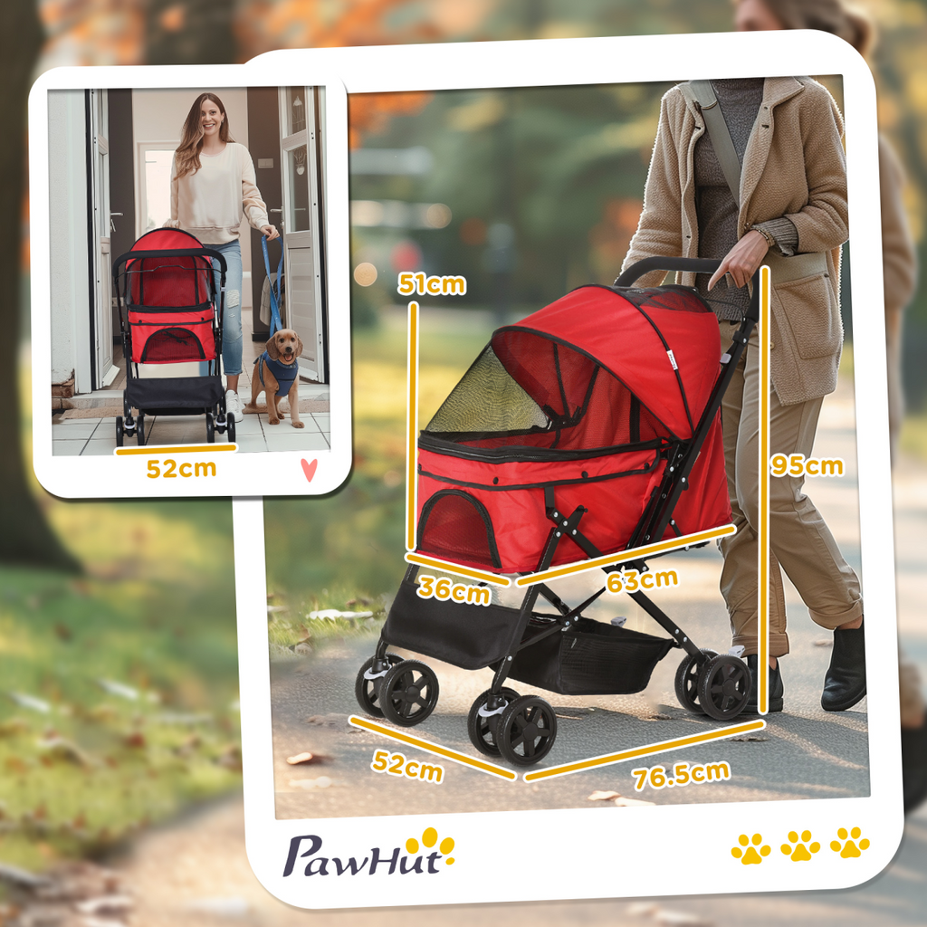 Foldable Four-Wheel Pet Stroller with Reversible Handle, Brakes & Storage