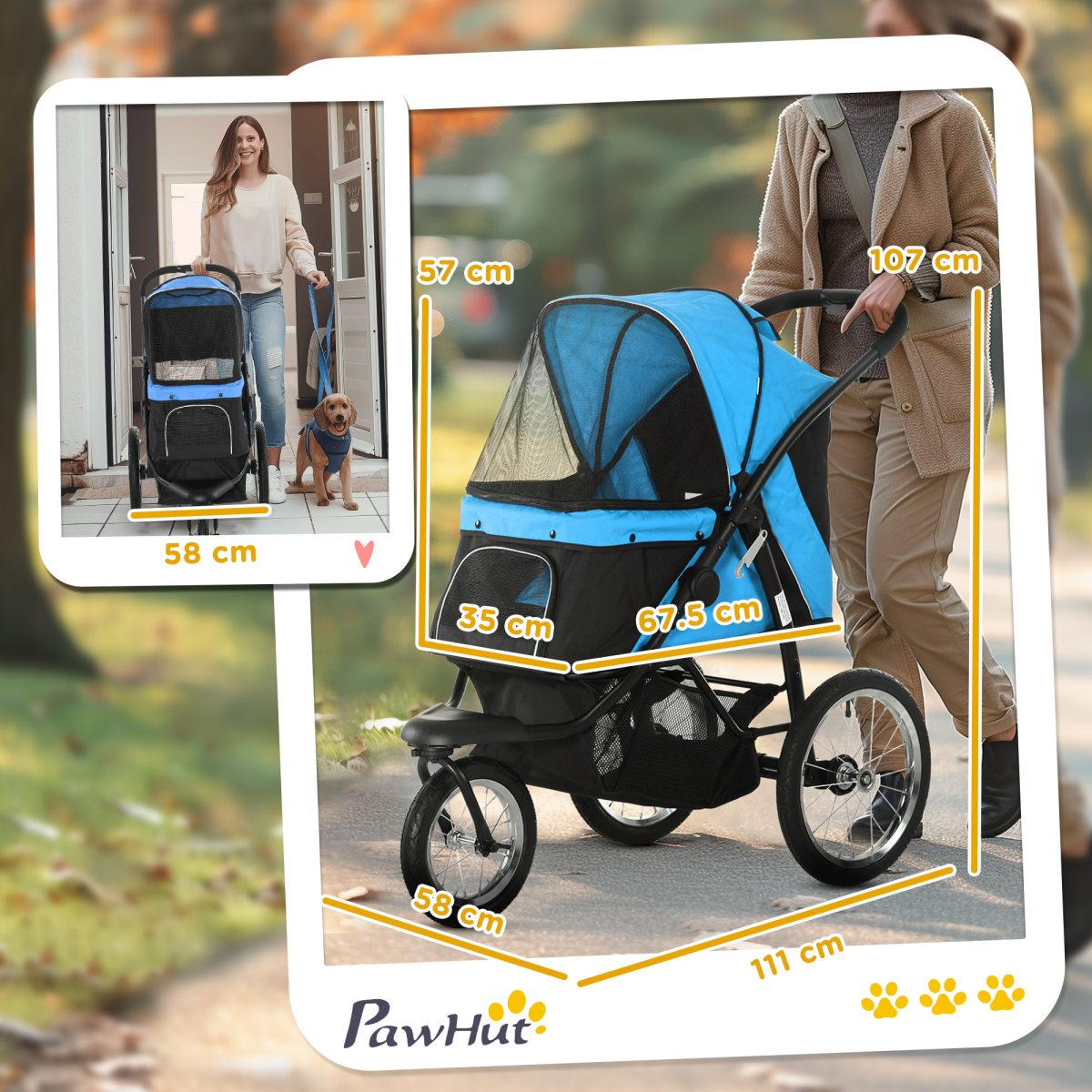 3-Wheel Pet Stroller for Small/Medium Dogs, Foldable Cat Pram - Blue