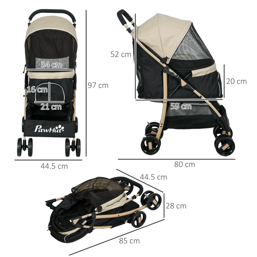 PawHut XS/S Dog Stroller with Rain Cover - Khaki, Adjustable Canopy