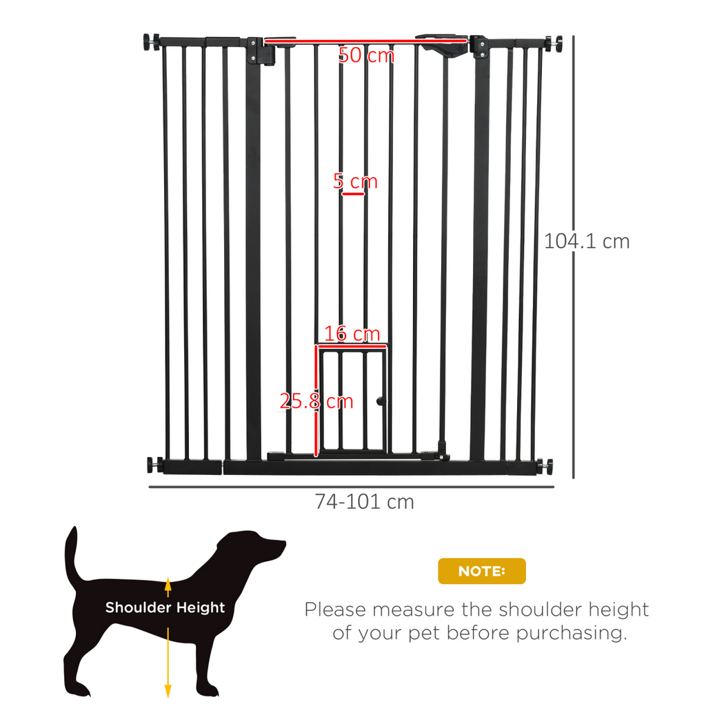 PawHut Extra Tall Dog Gate with Cat Door, Auto-Close for Stairs, 74-101 cm