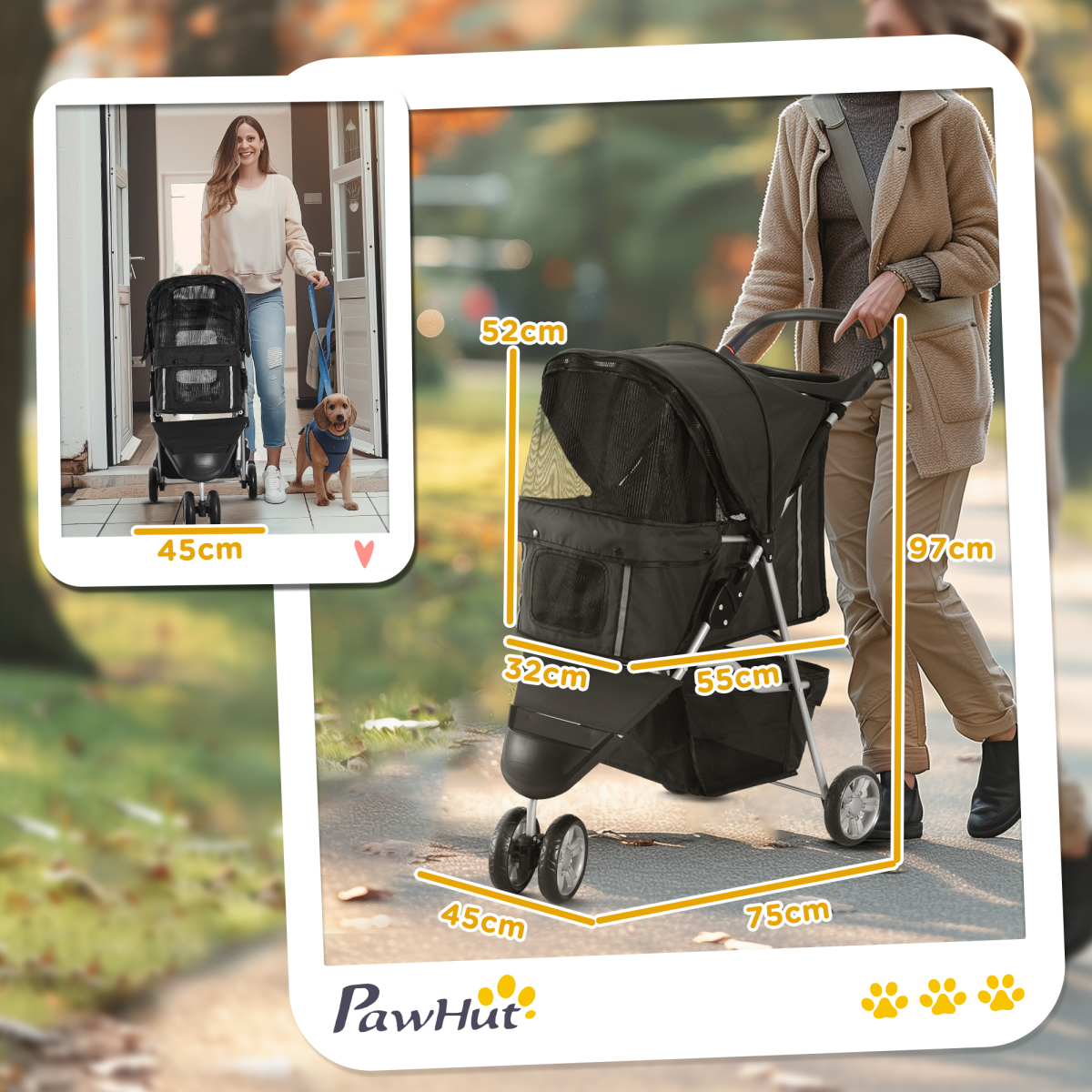 3-Wheel Cat & Dog Pet Stroller Carrier with Brake & Breathable Mesh - Black