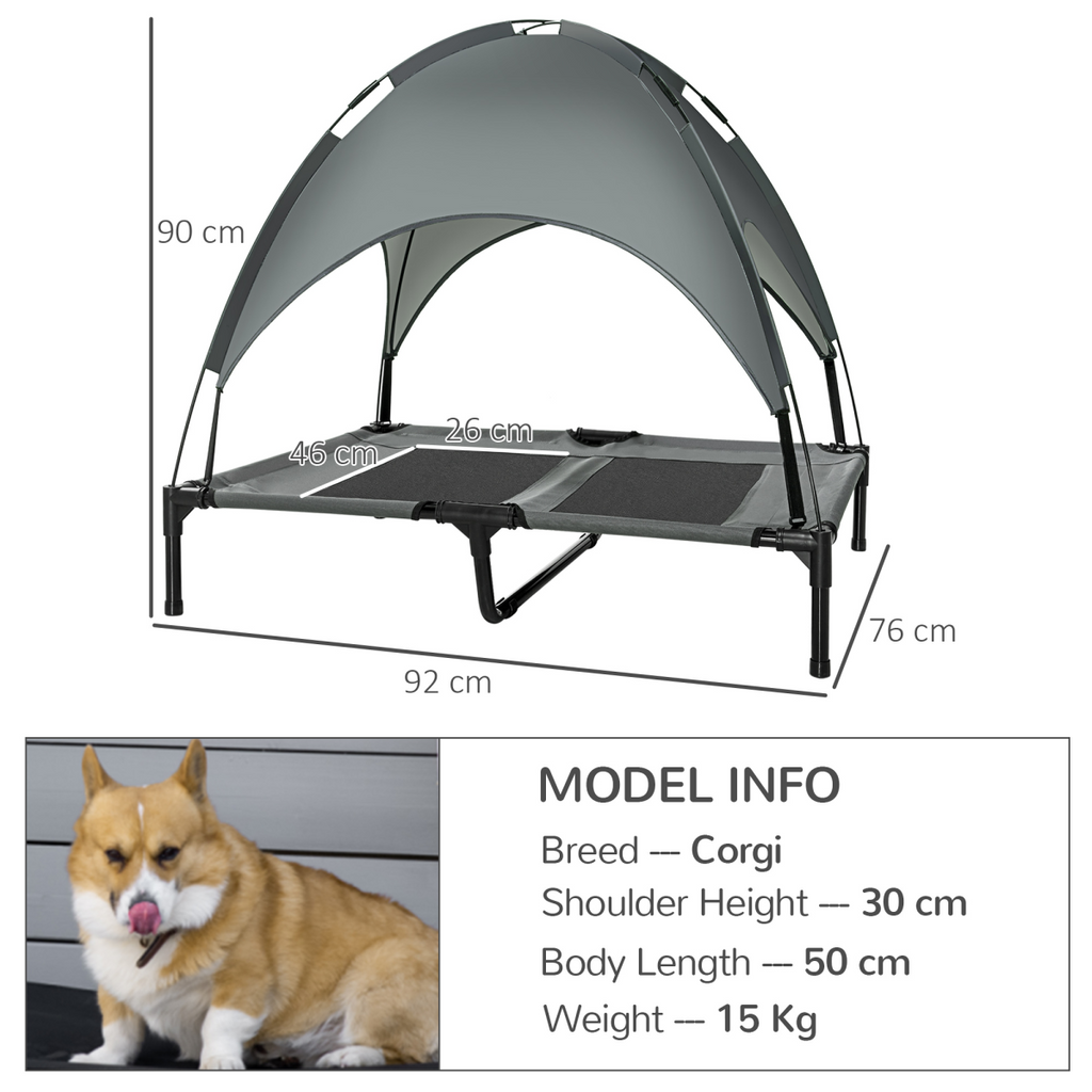 Pawhut 92cm Elevated Dog Bed with Canopy - Cooling, UV Shade, Grey