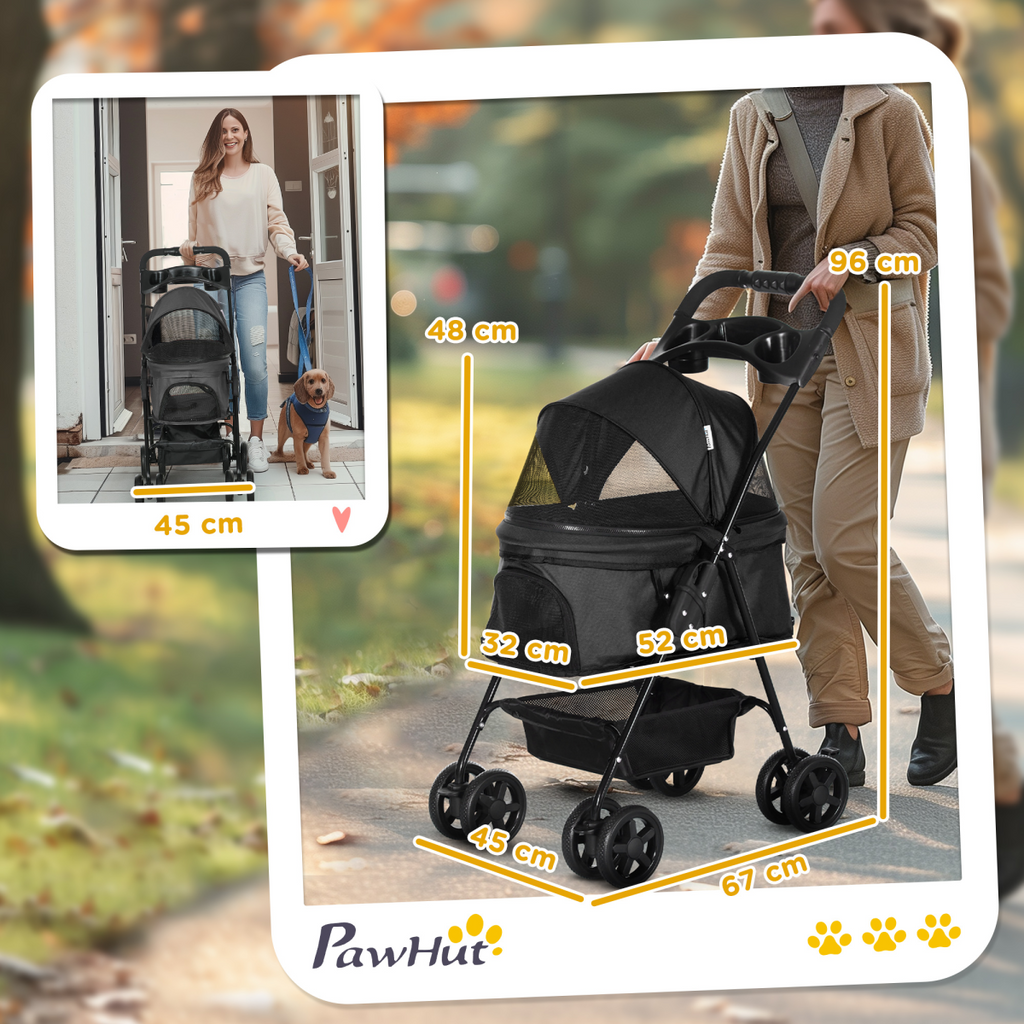 PawHut Foldable Pet Stroller with Brakes, Canopy & Mesh Front - Black