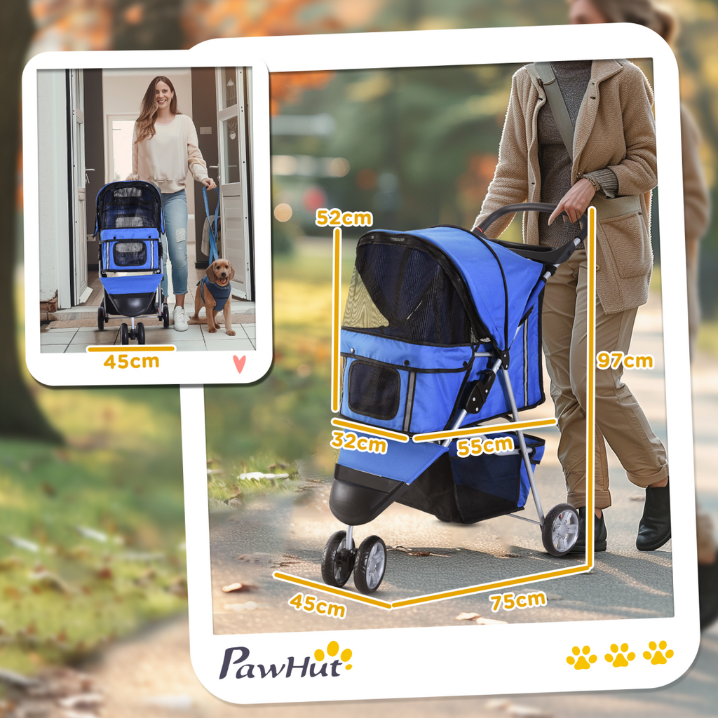 Pet Stroller Pushchair Carrier, 3-Wheel Blue Pawhut for Cats & Small Dogs