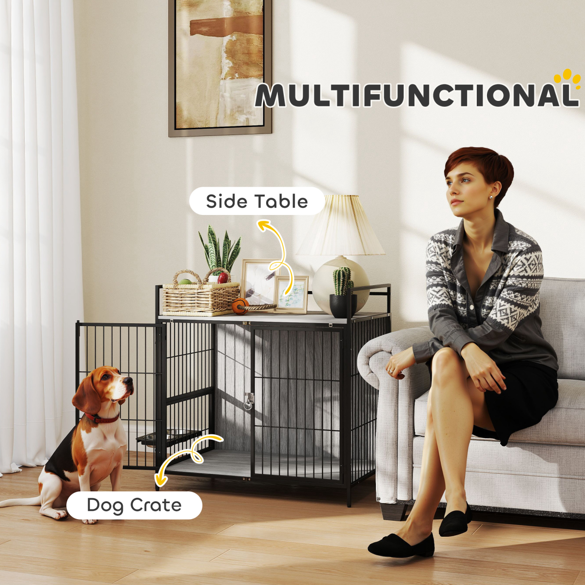 PawHut 2-in-1 Rotating Bowl Dog Crate Table for Medium Dogs, Grey