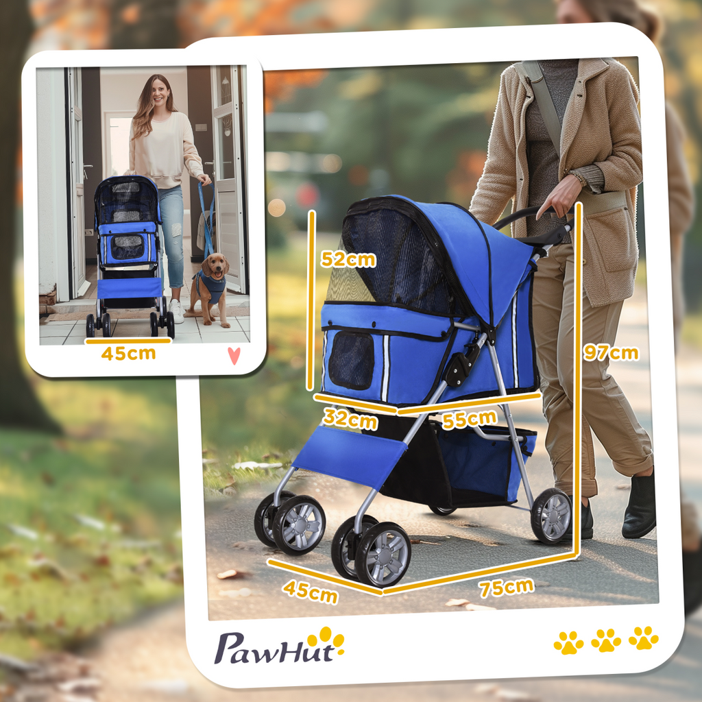 4-Wheel Pet Stroller for Small Dogs & Cats - Foldable, Leash Inside, Mesh Windows