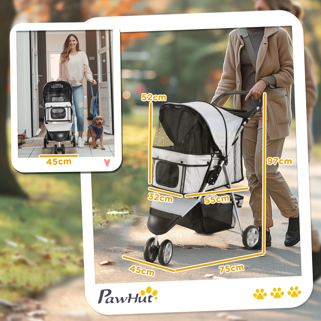 Pawhut 3-Wheel Pet Stroller Carrier for Cats & Small Dogs, Grey