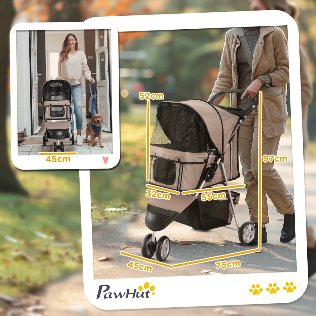 Pawhut 3-Wheel Pet Stroller Carrier for Cats & Puppies, Brown