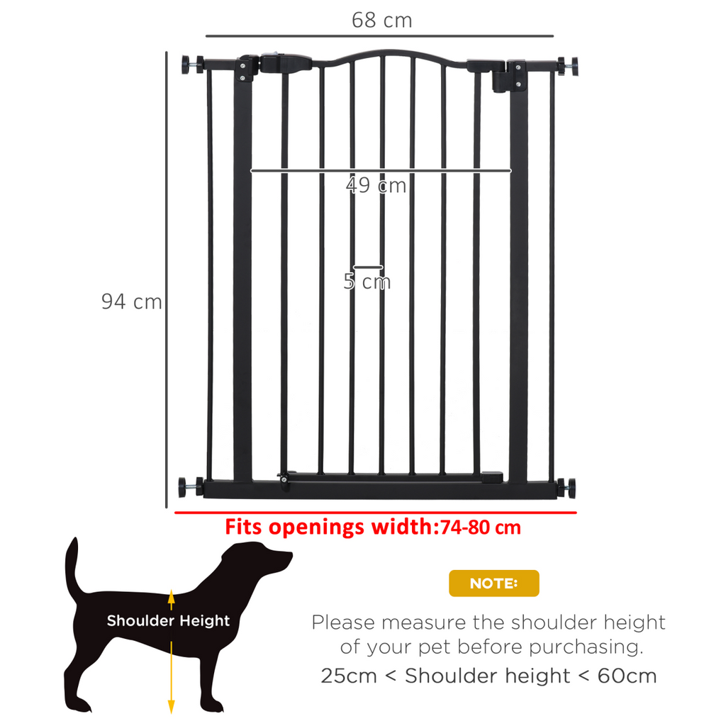 Adjustable 74-80cm Metal Pet Gate with Auto-Close Door - Black