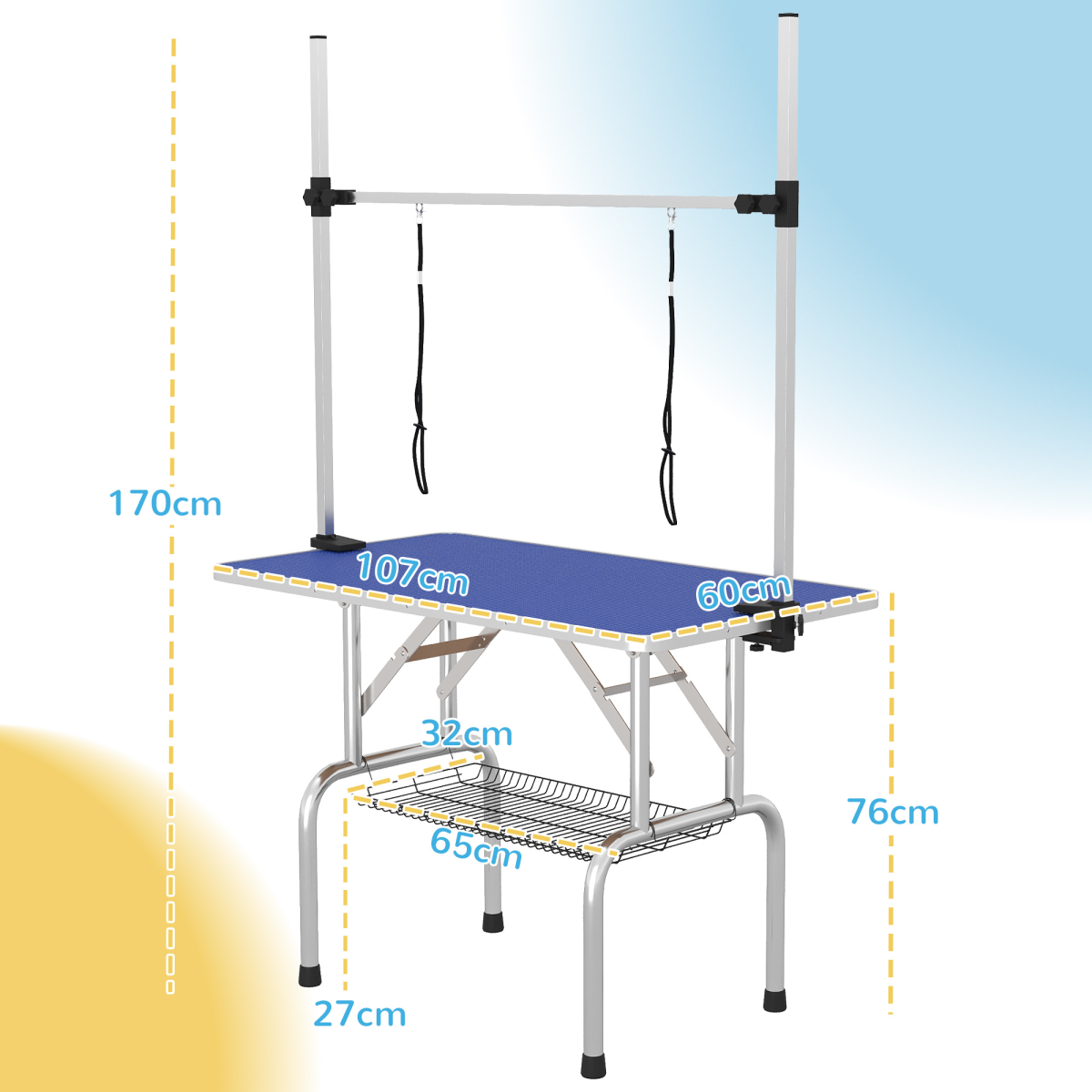 Metal Adjustable Dog Grooming Table with Rubber Top, 2 Safety Slings Pawhut