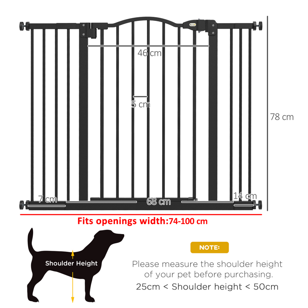 PawHut Adjustable 74-100cm Metal Pet Gate with Auto-Close, Black