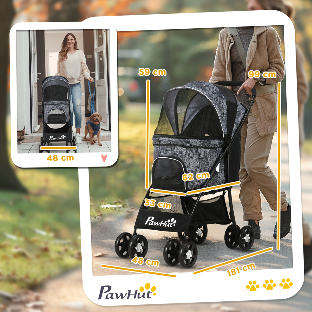 PawHut Foldable Dog Stroller with Carriage, Brakes & Universal Wheels - Grey