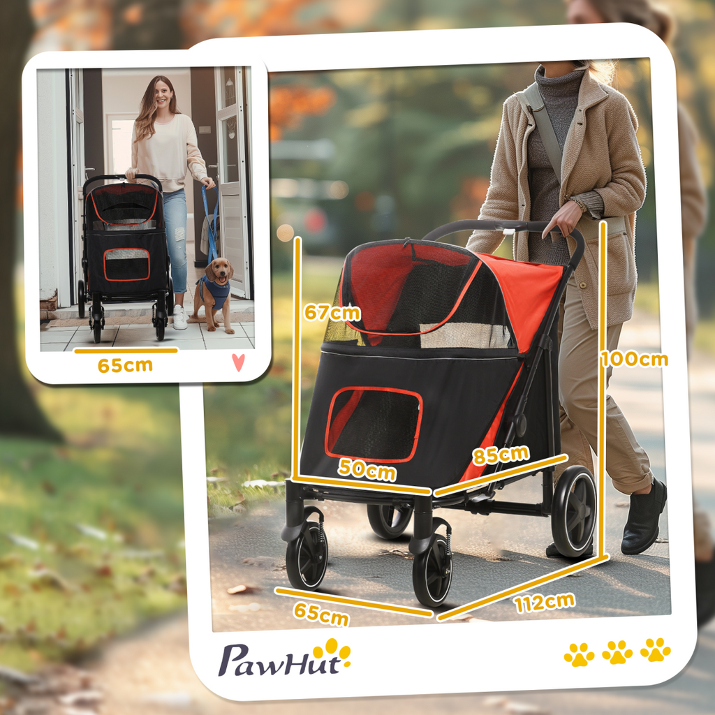 PawHut Foldable Dog Carriage with Universal Wheels and Shock Absorber - Red