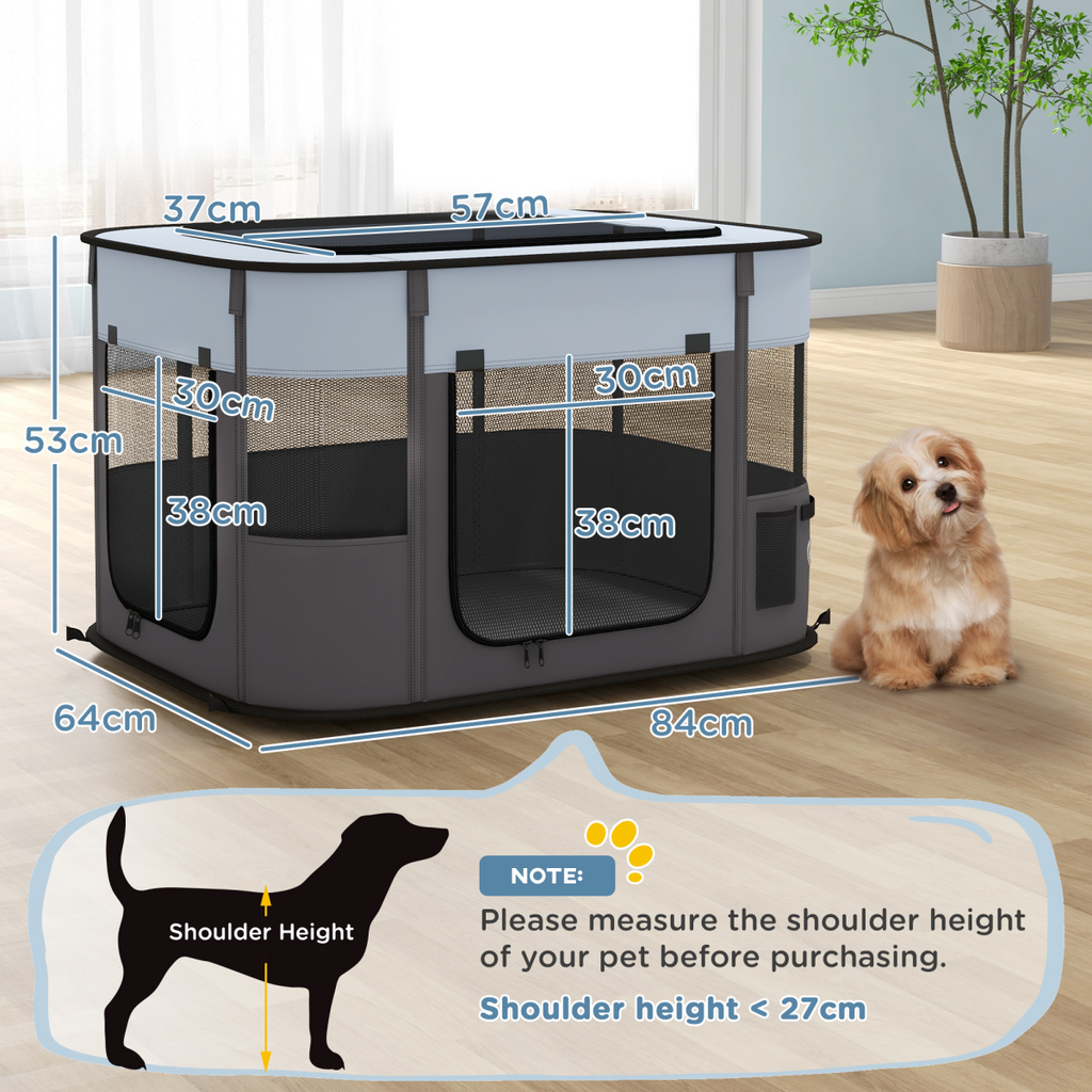 PawHut Portable Pet Playpen - Foldable, Multi-Door, 84x64x53 cm (Grey)