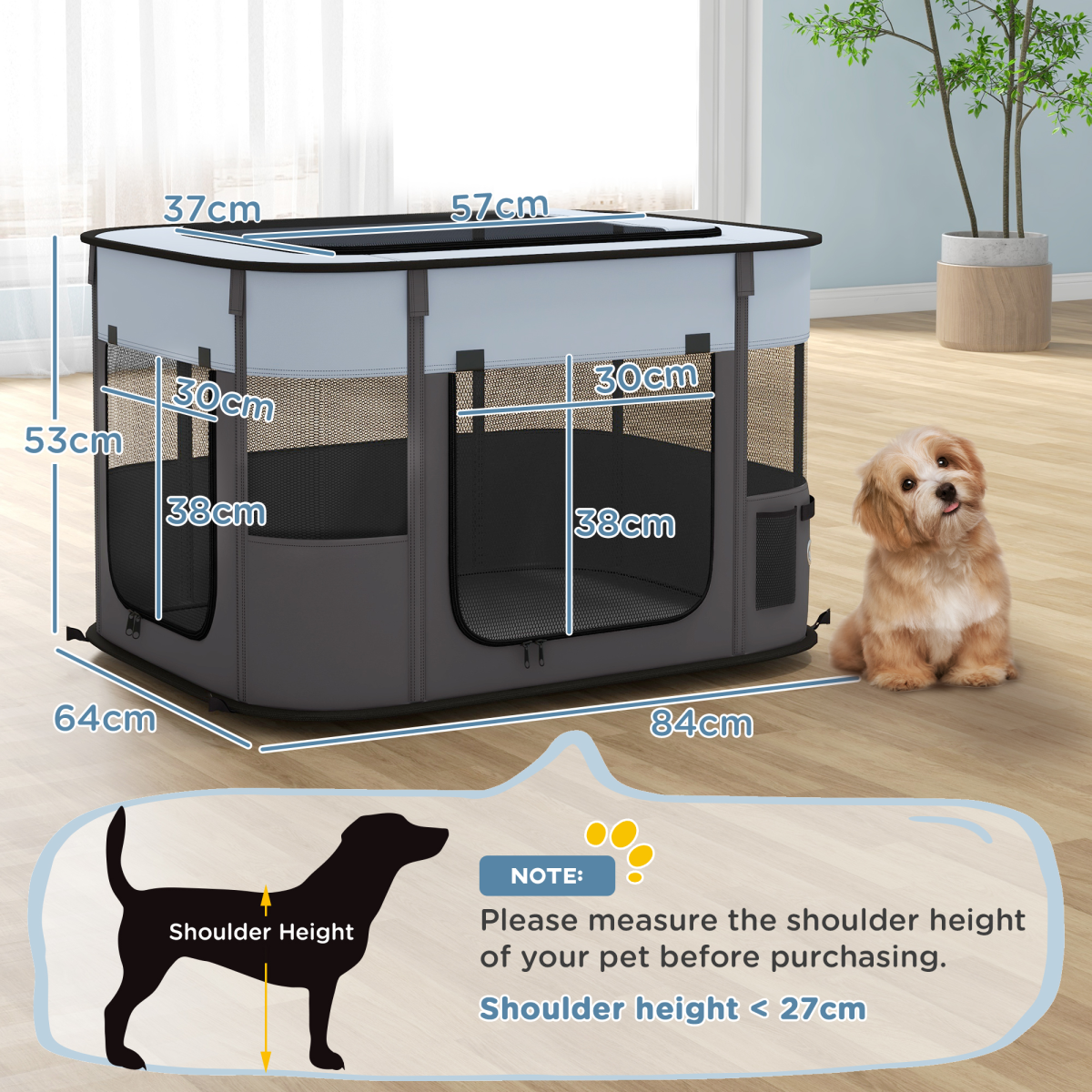 PawHut Portable Pet Playpen - Foldable, Multi-Door, 84x64x53 cm (Grey)