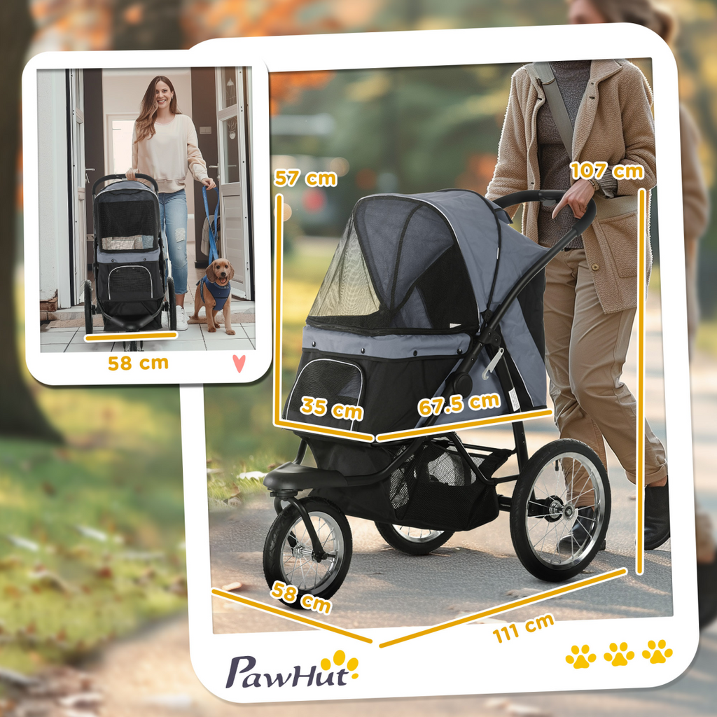 3-Wheel Pet Stroller for Small/Medium Dogs, Foldable Grey Pram
