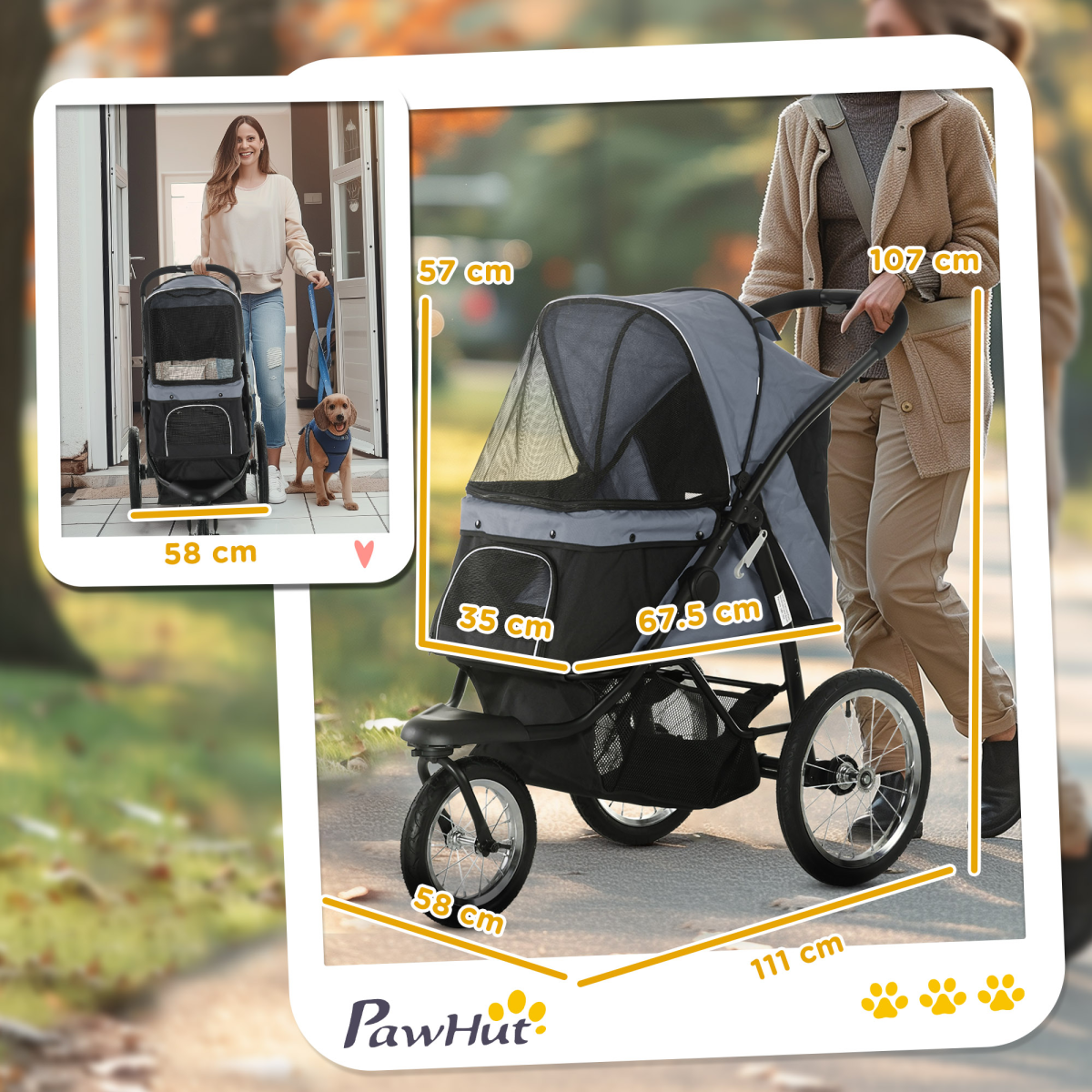 3-Wheel Pet Stroller for Small/Medium Dogs, Foldable Grey Pram
