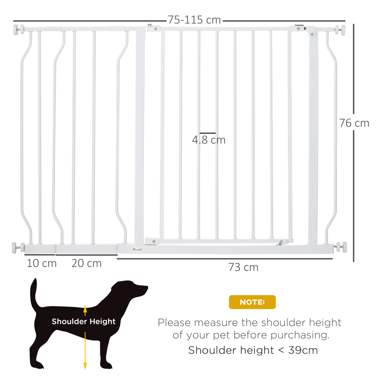 PawHut Adjustable Stair Gate, 75-115W cm, Door-Pressure Fit, White