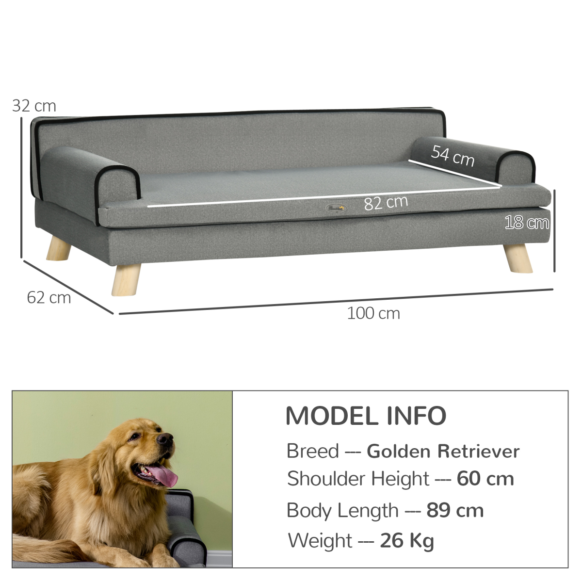 Pet Sofa Bed for Large & Medium Dogs - Wooden Legs, Grey, Water-Resistant