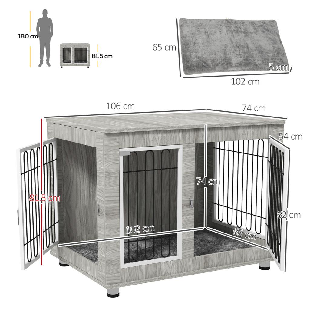 PawHut Dog Crate End Table with Soft Cushion, Double Doors