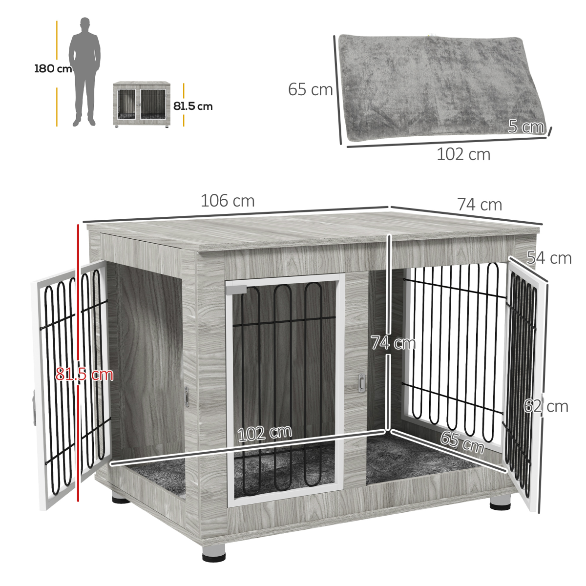 PawHut Dog Crate End Table with Soft Cushion, Double Doors