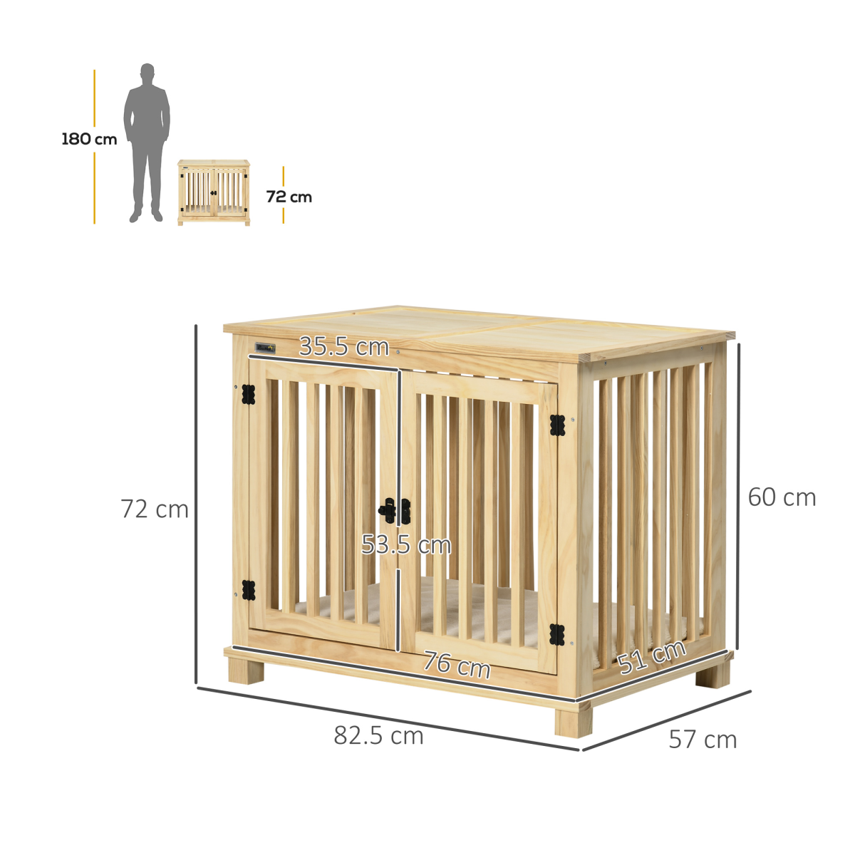 Wooden Dog Crate Furniture with Double Doors and Cushioned Pad - For Medium Dogs