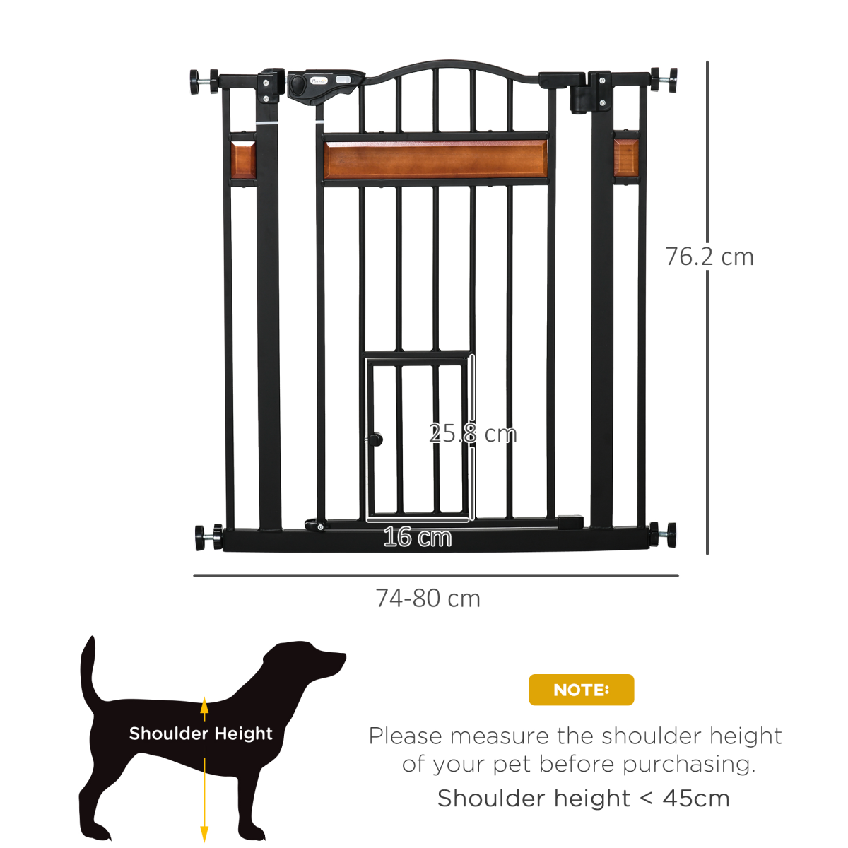 Pawhut Pet Safety Gate with Cat Door, Auto-Close, Pine Decor, 74-80 cm