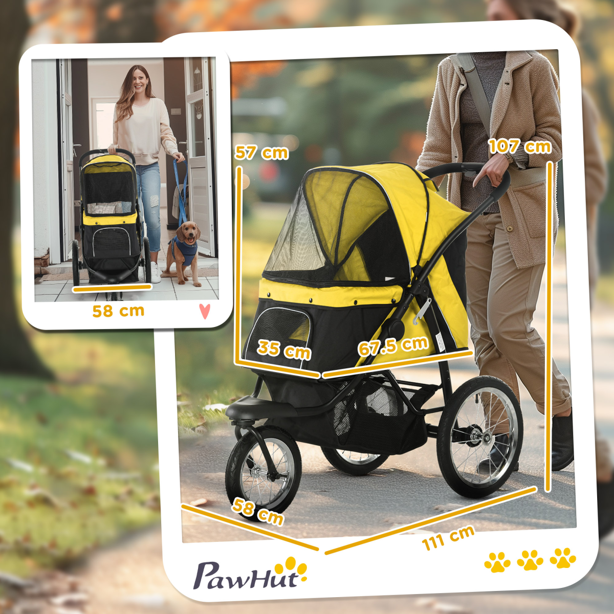 PawHut 3-Wheel Pet Stroller for Small/Medium Dogs & Cats - Foldable, Yellow