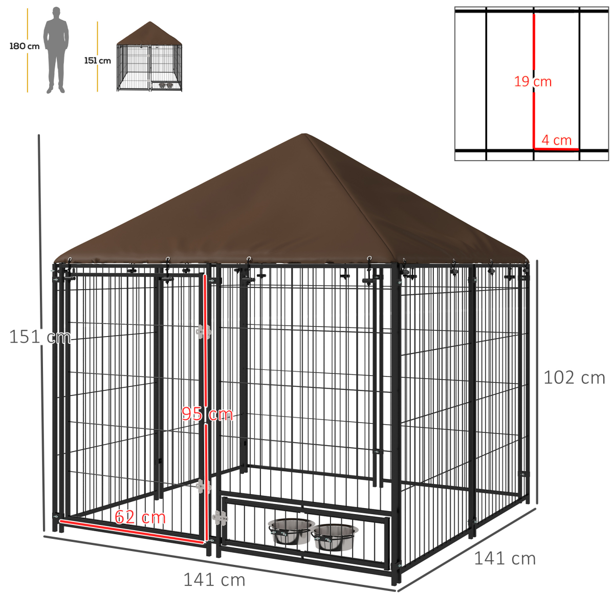 Outdoor Dog Kennel with Canopy Top, Secure Lock & Rotating Bowl Holder