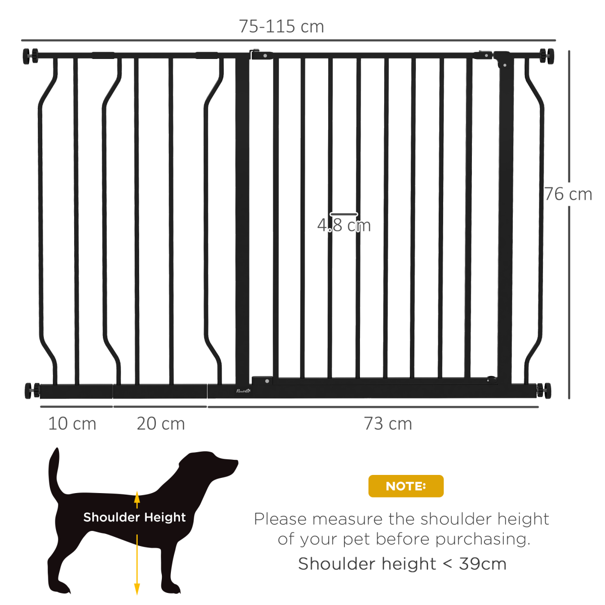 PawHut Wide Stair Dog Gate - Pressure-Fit, 75-115 cm, Black